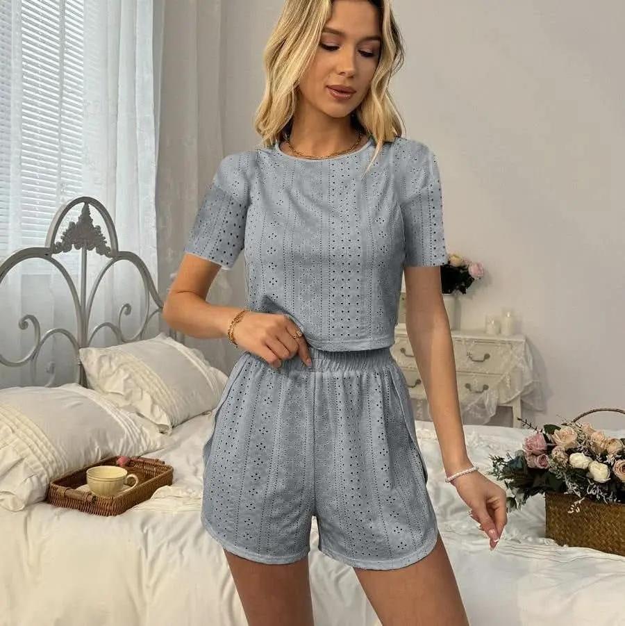 2pcs Casual Hollow Suit With Short - sleeved Crop Top And Elastic Slit Shorts Summer Fashion Sport Clothing For Women – travel - inspired 4 by Aroundtheworldinarush