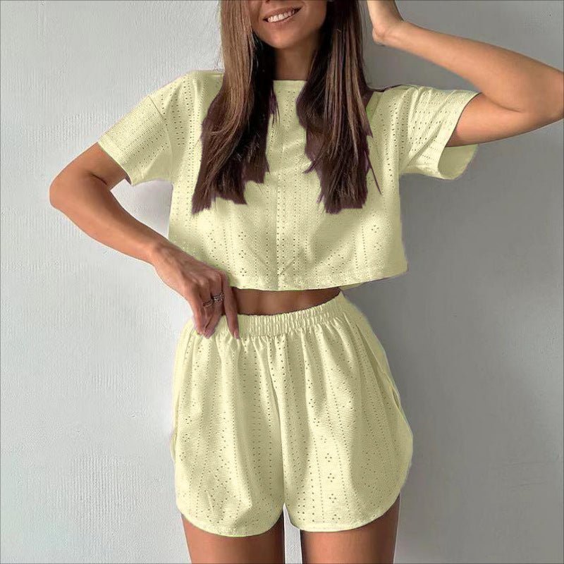 2pcs Casual Hollow Suit With Short - sleeved Crop Top And Elastic Slit Shorts Summer Fashion Sport Clothing For Women – travel - inspired 4 by Aroundtheworldinarush
