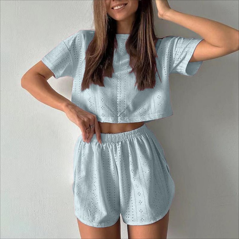 2pcs Casual Hollow Suit With Short - sleeved Crop Top And Elastic Slit Shorts Summer Fashion Sport Clothing For Women – travel - inspired 4 by Aroundtheworldinarush