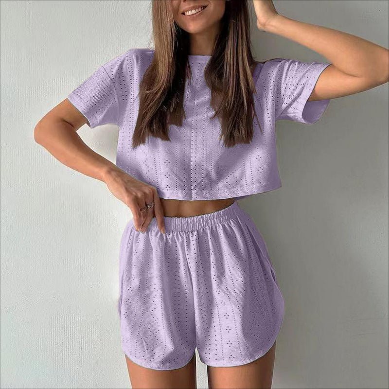 2pcs Casual Hollow Suit With Short - sleeved Crop Top And Elastic Slit Shorts Summer Fashion Sport Clothing For Women – travel - inspired 4 by Aroundtheworldinarush