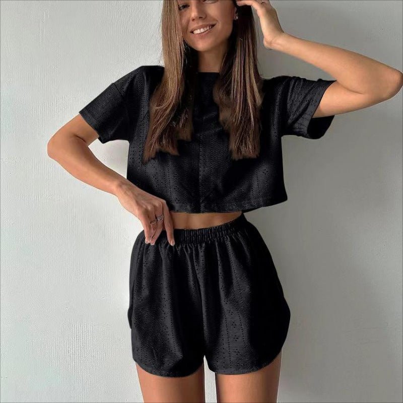 2pcs Casual Hollow Suit With Short - sleeved Crop Top And Elastic Slit Shorts Summer Fashion Sport Clothing For Women – travel - inspired 4 by Aroundtheworldinarush