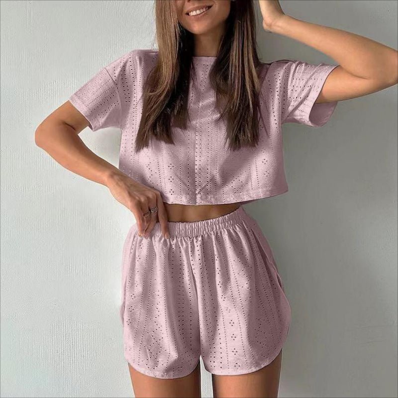 2pcs Casual Hollow Suit With Short - sleeved Crop Top And Elastic Slit Shorts Summer Fashion Sport Clothing For Women – travel - inspired 4 by Aroundtheworldinarush