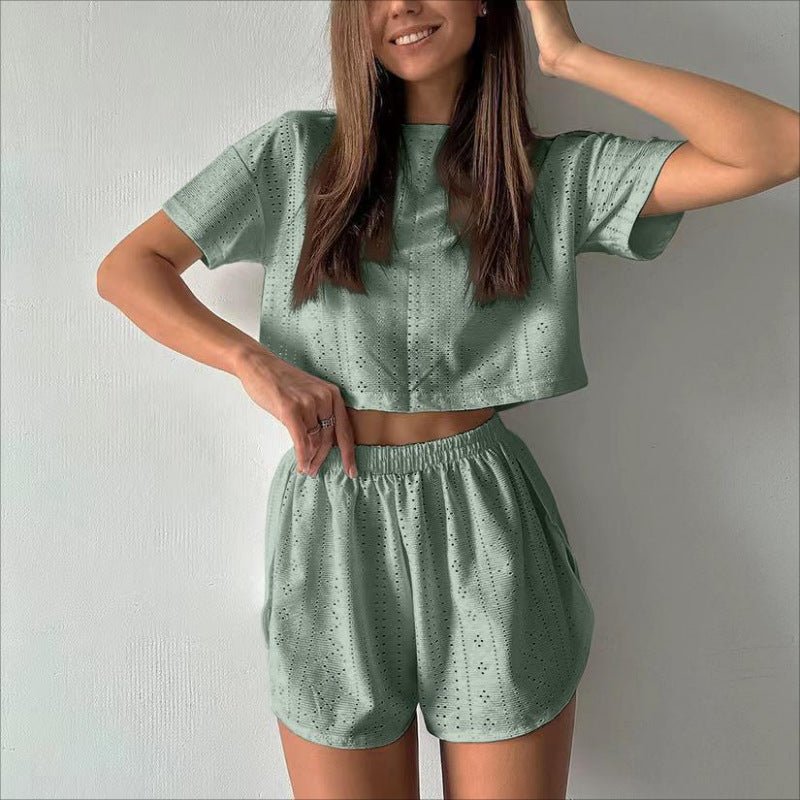 2pcs Casual Hollow Suit With Short - sleeved Crop Top And Elastic Slit Shorts Summer Fashion Sport Clothing For Women – travel - inspired 4 by Aroundtheworldinarush