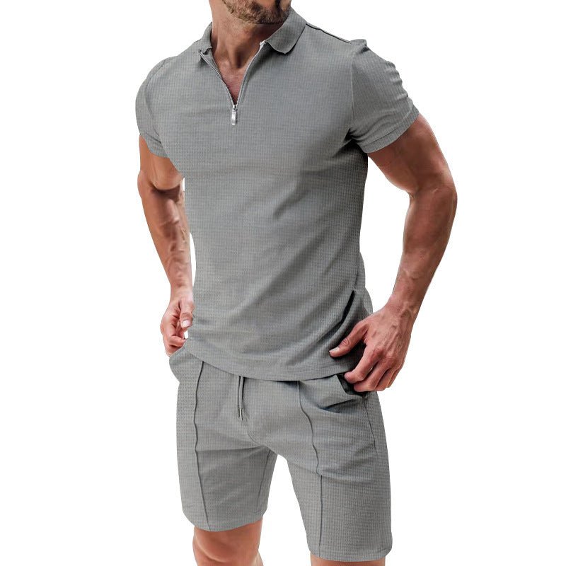 2Pcs Casual Waffle Suit Summer Zipper Lapel Short - sleeved Top And Drawstring Pockets Shorts Versatile Solid Color T-shirt Set For Mens Clothing – travel - inspired 4 by Aroundtheworldinarush
