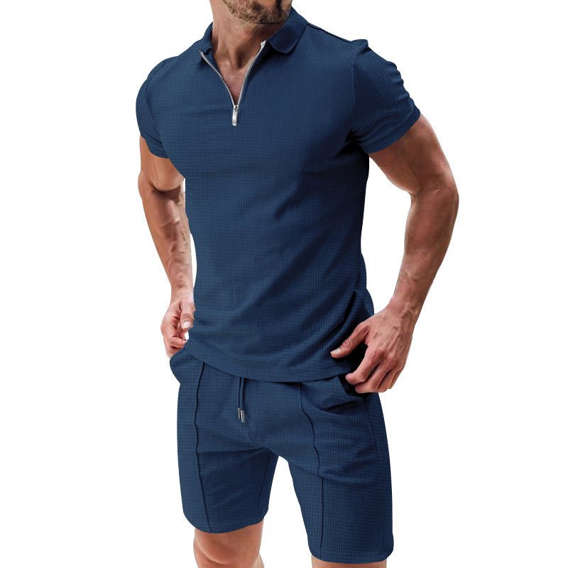 2Pcs Casual Waffle Suit Summer Zipper Lapel Short - sleeved Top And Drawstring Pockets Shorts Versatile Solid Color T-shirt Set For Mens Clothing – travel - inspired 4 by Aroundtheworldinarush