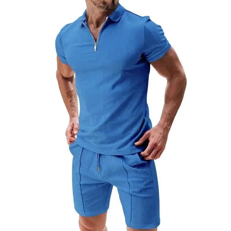 2Pcs Casual Waffle Suit Summer Zipper Lapel Short - sleeved Top And Drawstring Pockets Shorts Versatile Solid Color T-shirt Set For Mens Clothing – travel - inspired 4 by Aroundtheworldinarush