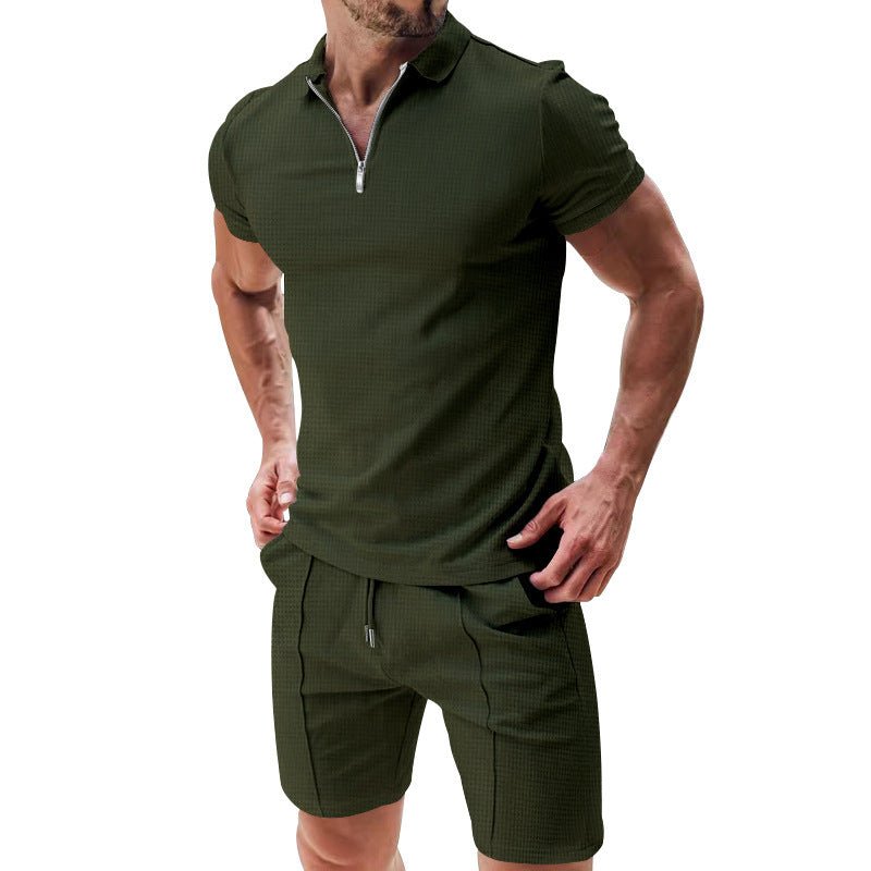 2Pcs Casual Waffle Suit Summer Zipper Lapel Short - sleeved Top And Drawstring Pockets Shorts Versatile Solid Color T-shirt Set For Mens Clothing – travel - inspired 4 by Aroundtheworldinarush