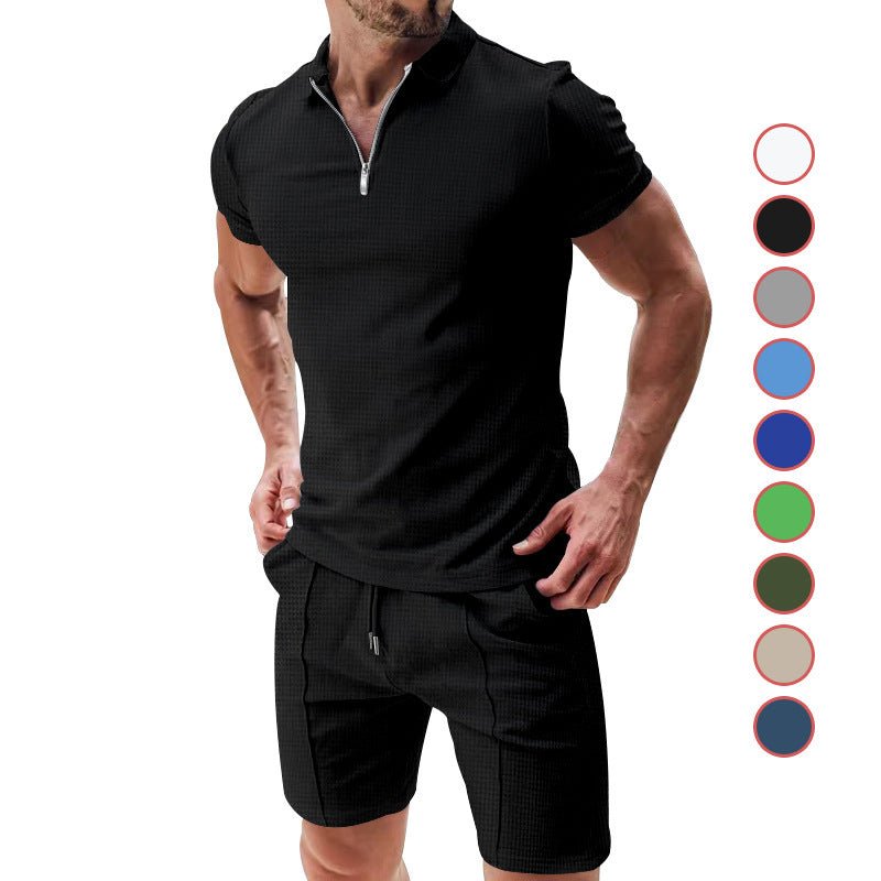 2Pcs Casual Waffle Suit Summer Zipper Lapel Short - sleeved Top And Drawstring Pockets Shorts Versatile Solid Color T-shirt Set For Mens Clothing – travel - inspired 4 by Aroundtheworldinarush