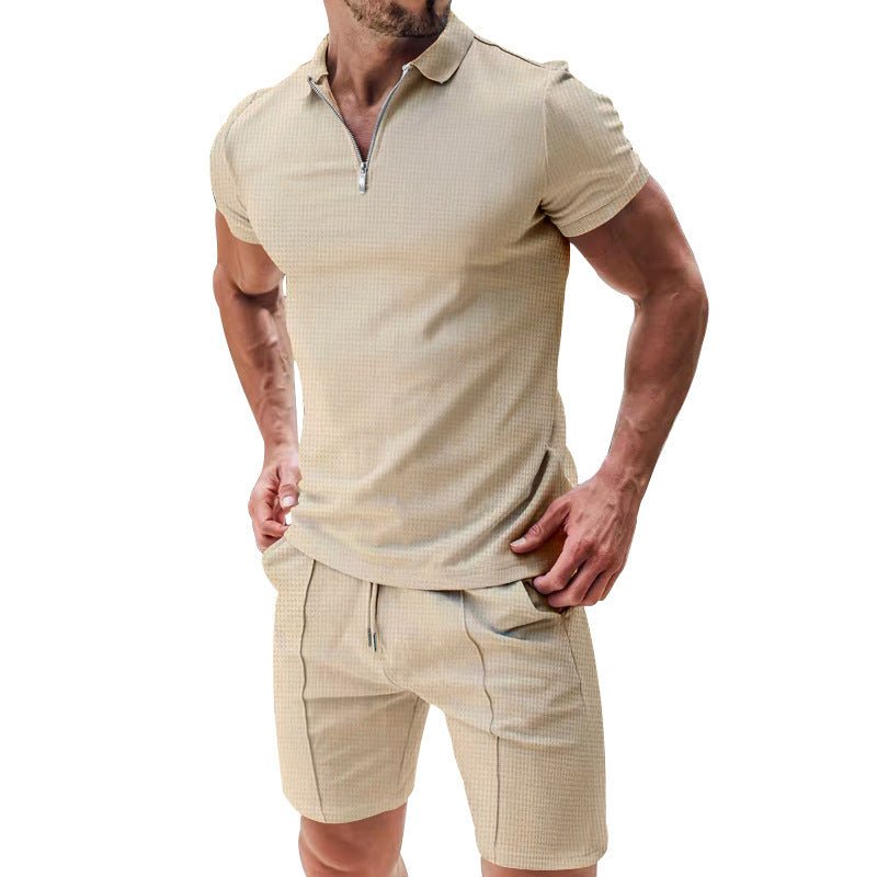 2Pcs Casual Waffle Suit Summer Zipper Lapel Short - sleeved Top And Drawstring Pockets Shorts Versatile Solid Color T-shirt Set For Mens Clothing – travel - inspired 4 by Aroundtheworldinarush