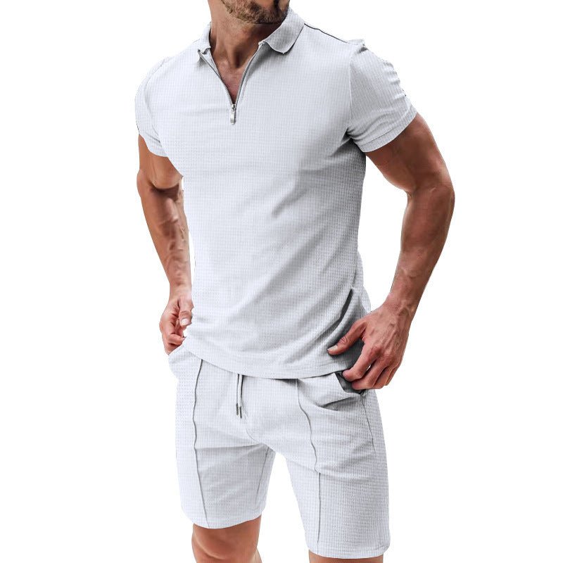 2Pcs Casual Waffle Suit Summer Zipper Lapel Short - sleeved Top And Drawstring Pockets Shorts Versatile Solid Color T-shirt Set For Mens Clothing – travel - inspired 4 by Aroundtheworldinarush