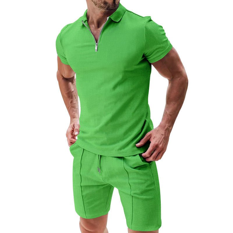 2Pcs Casual Waffle Suit Summer Zipper Lapel Short - sleeved Top And Drawstring Pockets Shorts Versatile Solid Color T-shirt Set For Mens Clothing – travel - inspired 4 by Aroundtheworldinarush