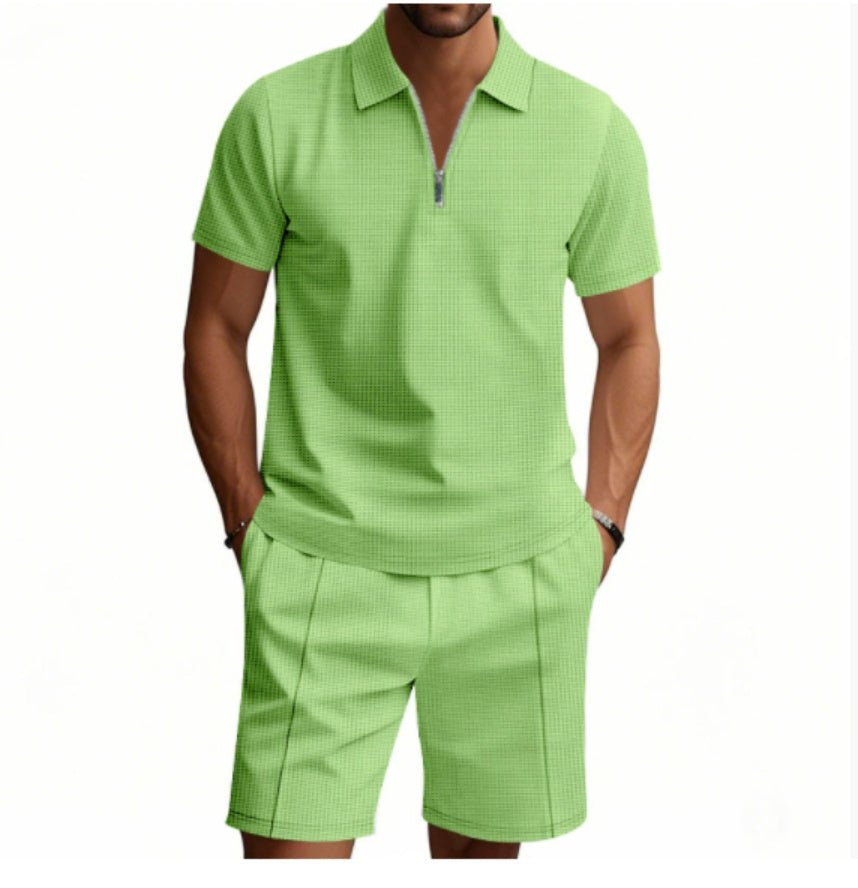 2Pcs Casual Waffle Suit Summer Zipper Lapel Short - sleeved Top And Drawstring Pockets Shorts Versatile Solid Color T-shirt Set For Mens Clothing – travel - inspired 4 by Aroundtheworldinarush