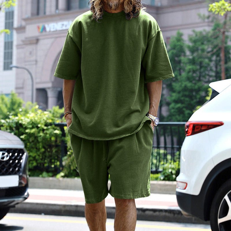 2pcs Loose Sports Suits Summer Round Neck Short - sleeved T-shirt And Drawstring Pockets Shorts Casual Solid Color Set Mens Clothing – travel - inspired 4 by Aroundtheworldinarush