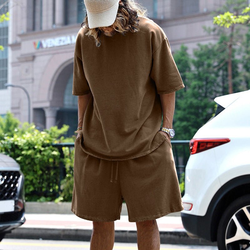 2pcs Loose Sports Suits Summer Round Neck Short - sleeved T-shirt And Drawstring Pockets Shorts Casual Solid Color Set Mens Clothing – travel - inspired 4 by Aroundtheworldinarush
