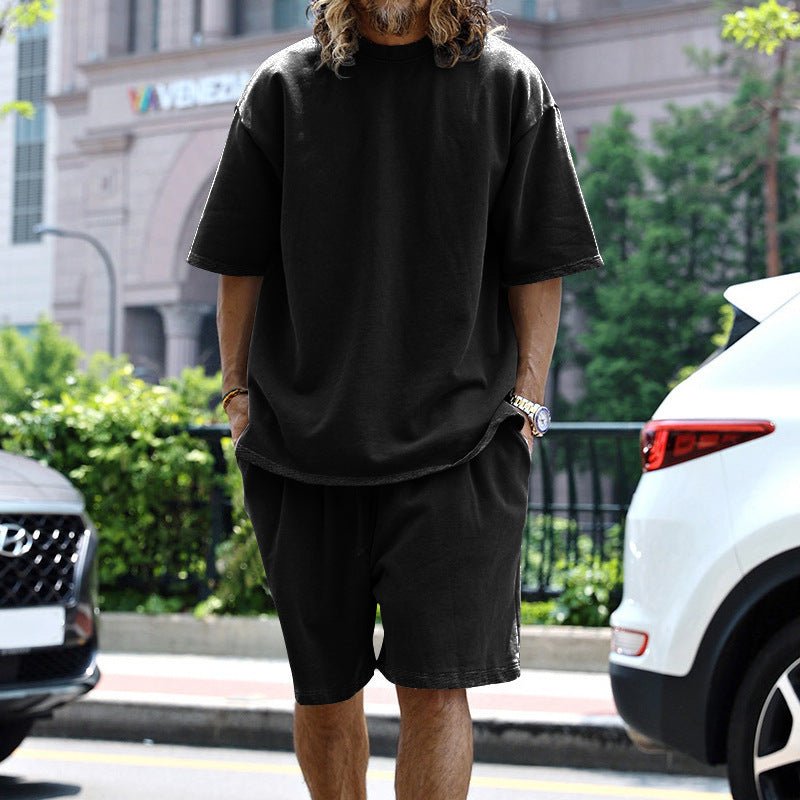 2pcs Loose Sports Suits Summer Round Neck Short - sleeved T-shirt And Drawstring Pockets Shorts Casual Solid Color Set Mens Clothing – travel - inspired 4 by Aroundtheworldinarush