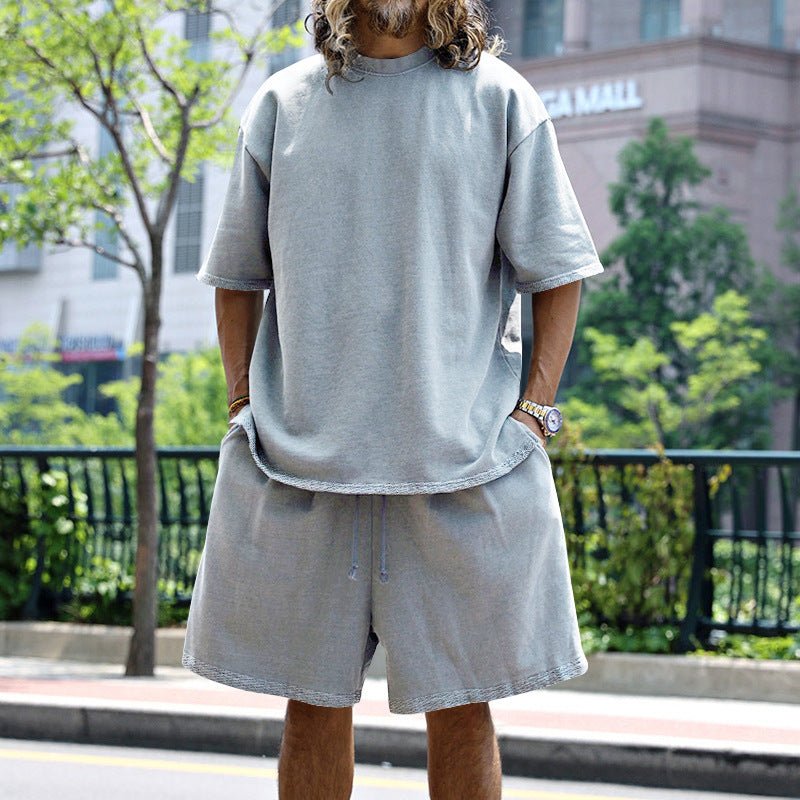 2pcs Loose Sports Suits Summer Round Neck Short - sleeved T-shirt And Drawstring Pockets Shorts Casual Solid Color Set Mens Clothing – travel - inspired 4 by Aroundtheworldinarush
