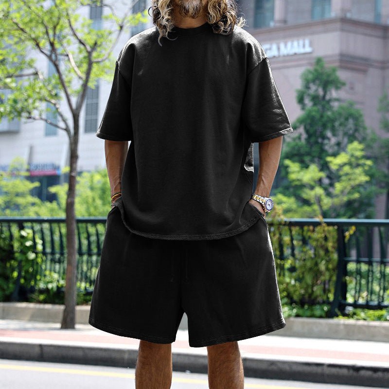 2pcs Loose Sports Suits Summer Round Neck Short - sleeved T-shirt And Drawstring Pockets Shorts Casual Solid Color Set Mens Clothing – travel - inspired 4 by Aroundtheworldinarush