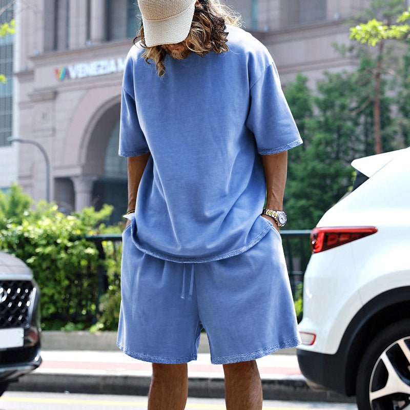 2pcs Loose Sports Suits Summer Round Neck Short - sleeved T-shirt And Drawstring Pockets Shorts Casual Solid Color Set Mens Clothing – travel - inspired 4 by Aroundtheworldinarush