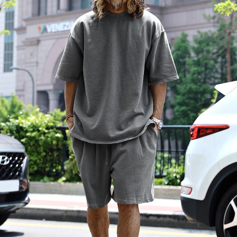 2pcs Loose Sports Suits Summer Round Neck Short - sleeved T-shirt And Drawstring Pockets Shorts Casual Solid Color Set Mens Clothing – travel - inspired 4 by Aroundtheworldinarush