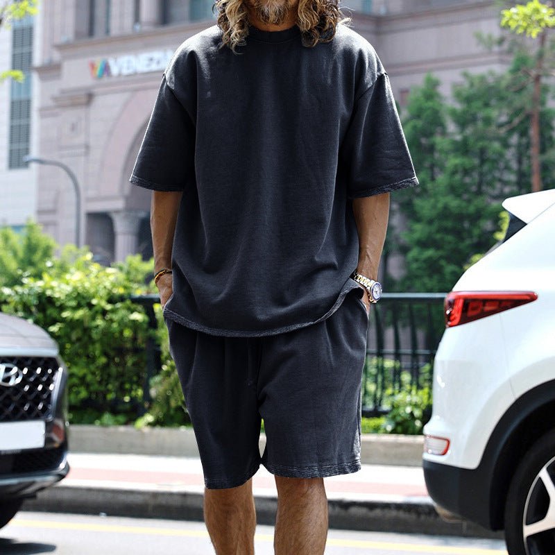 2pcs Loose Sports Suits Summer Round Neck Short - sleeved T-shirt And Drawstring Pockets Shorts Casual Solid Color Set Mens Clothing – travel - inspired 4 by Aroundtheworldinarush