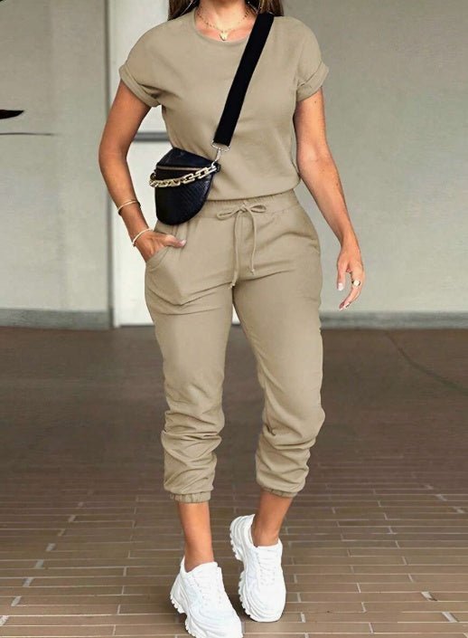 2pcs Women Solid Color Round Neck Short Sleeve Top And Drawstring Pocket Long Pants Casual Suit – travel - inspired 4 by Aroundtheworldinarush