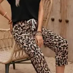 Summer Solid Color Round Neck Short Sleeve T-Shirt And Leopard Print Casual Pants Two Piece Set For Women Aroundtheworldinarush