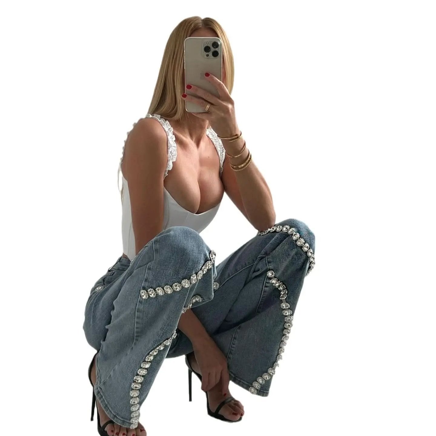 Loose Straight Leg Jeans And Fashionable Casual Pants With A Rhine Stone Denim Design Around Them Suitable For Women – travel - inspired 0 by Aroundtheworldinarush