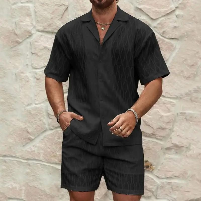Men Tracksuits Summer Fashion Solid Loose Casual Two Pieces Lapel Button Shirt Shorts Beach Holiday All - match Outfits Male – travel - inspired 0 by Aroundtheworldinarush