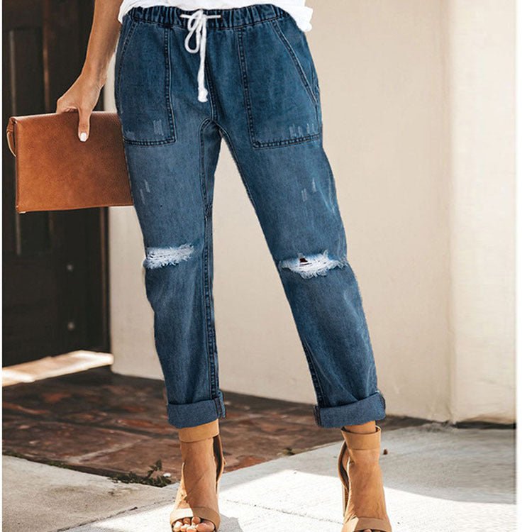 Straight Ripped Jeans For Women Drawstring Trousers With Pockets Fashion Pants – travel - inspired 0 by Aroundtheworldinarush