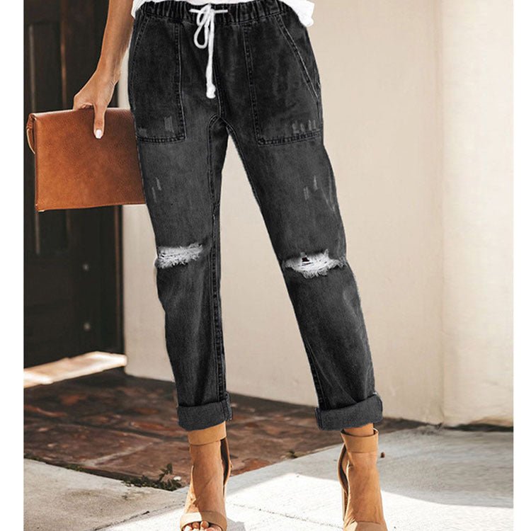 Straight Ripped Jeans For Women Drawstring Trousers With Pockets Fashion Pants – travel - inspired 0 by Aroundtheworldinarush