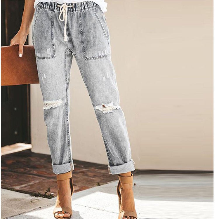 Straight Ripped Jeans For Women Drawstring Trousers With Pockets Fashion Pants – travel - inspired 0 by Aroundtheworldinarush