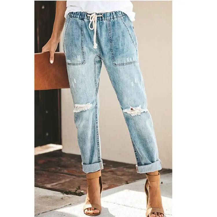 Straight Ripped Jeans For Women Drawstring Trousers With Pockets Fashion Pants – travel - inspired 0 by Aroundtheworldinarush