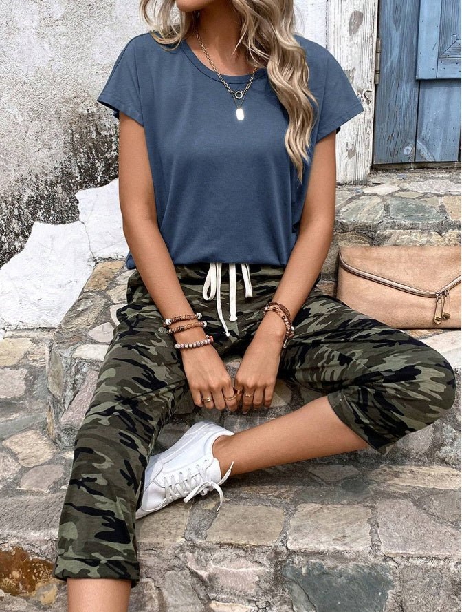 Summer Solid Color Round Neck Short Sleeve T-Shirt And Leopard Print Casual Pants Two Piece Set For Women – travel - inspired 4 by Aroundtheworldinarush