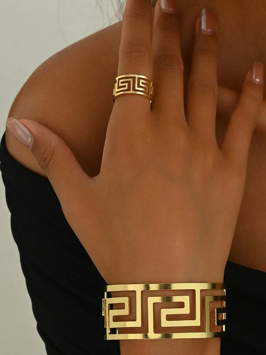 18K Gold - Plated Stainless Steel Geometric Bracelet and Ring Jewelry Set – travel - inspired by Aroundtheworldinarush
