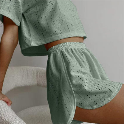 2pcs Casual Hollow Suit With Short - sleeved Crop Top And Elastic Slit Shorts Summer Fashion Sport Clothing For Women – travel - inspired 4 by Aroundtheworldinarush