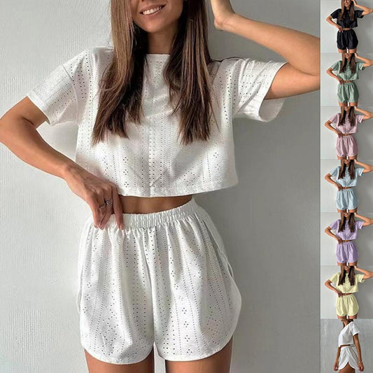 2pcs Casual Hollow Suit With Short - sleeved Crop Top And Elastic Slit Shorts Summer Fashion Sport Clothing For Women – travel - inspired 4 by Aroundtheworldinarush