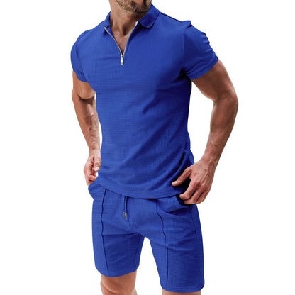 2Pcs Casual Waffle Suit Summer Zipper Lapel Short - sleeved Top And Drawstring Pockets Shorts Versatile Solid Color T-shirt Set For Mens Clothing – travel - inspired 4 by Aroundtheworldinarush