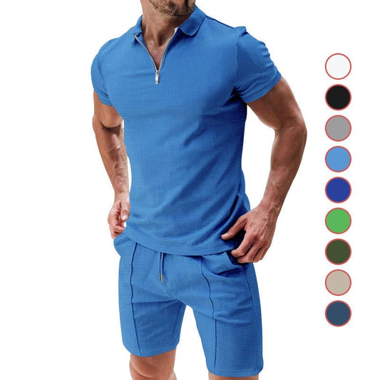2Pcs Casual Waffle Suit Summer Zipper Lapel Short - sleeved Top And Drawstring Pockets Shorts Versatile Solid Color T-shirt Set For Mens Clothing – travel - inspired 4 by Aroundtheworldinarush