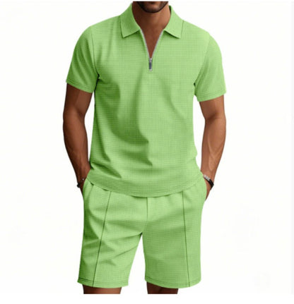 2Pcs Casual Waffle Suit Summer Zipper Lapel Short - sleeved Top And Drawstring Pockets Shorts Versatile Solid Color T-shirt Set For Mens Clothing – travel - inspired 4 by Aroundtheworldinarush