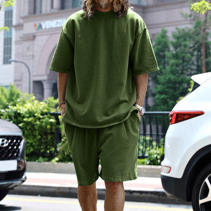 2pcs Loose Sports Suits Summer Round Neck Short - sleeved T-shirt And Drawstring Pockets Shorts Casual Solid Color Set Mens Clothing – travel - inspired 4 by Aroundtheworldinarush