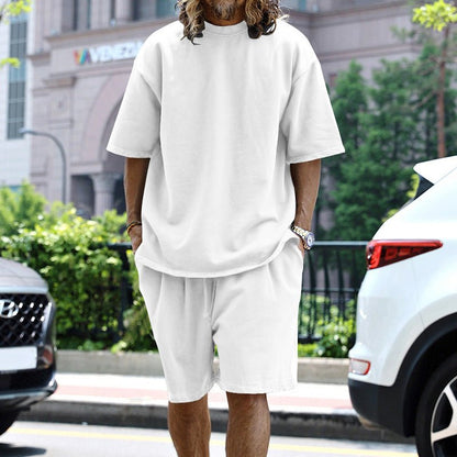 2pcs Loose Sports Suits Summer Round Neck Short - sleeved T-shirt And Drawstring Pockets Shorts Casual Solid Color Set Mens Clothing – travel - inspired 4 by Aroundtheworldinarush