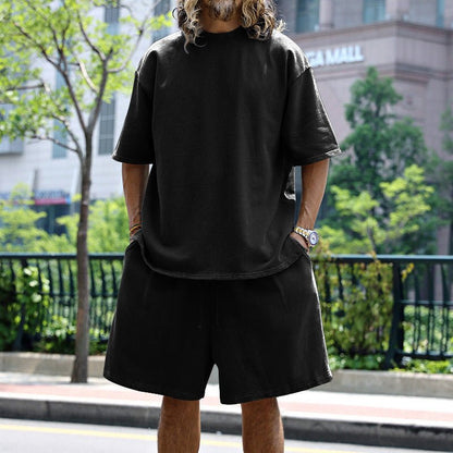 2pcs Loose Sports Suits Summer Round Neck Short - sleeved T-shirt And Drawstring Pockets Shorts Casual Solid Color Set Mens Clothing – travel - inspired 4 by Aroundtheworldinarush