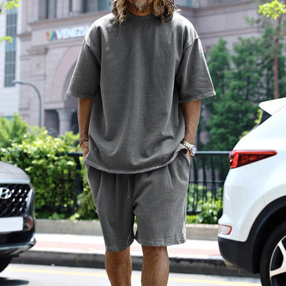 2pcs Loose Sports Suits Summer Round Neck Short - sleeved T-shirt And Drawstring Pockets Shorts Casual Solid Color Set Mens Clothing – travel - inspired 4 by Aroundtheworldinarush