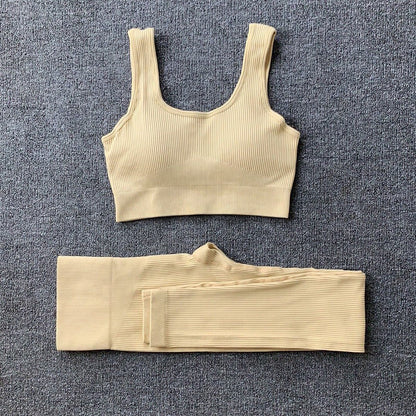 2pcs Thread Yoga Suit Seamless Bra And Butt Lifting High Waist Leggings Set For Women Sports Fitness Yoga Pants Sportswear Outfits Clothing – travel - inspired 4 by Aroundtheworldinarush