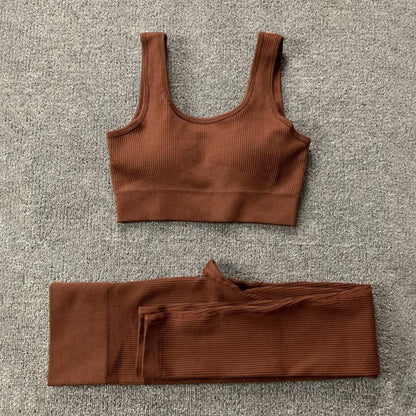 2pcs Thread Yoga Suit Seamless Bra And Butt Lifting High Waist Leggings Set For Women Sports Fitness Yoga Pants Sportswear Outfits Clothing – travel - inspired 4 by Aroundtheworldinarush