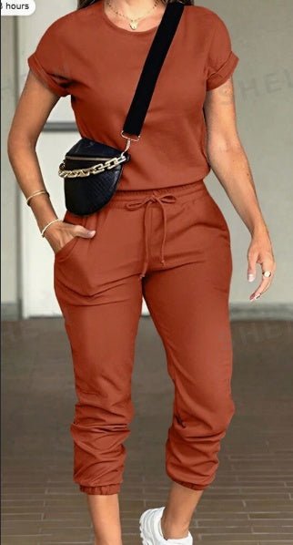 2pcs Women Solid Color Round Neck Short Sleeve Top And Drawstring Pocket Long Pants Casual Suit – travel - inspired 4 by Aroundtheworldinarush