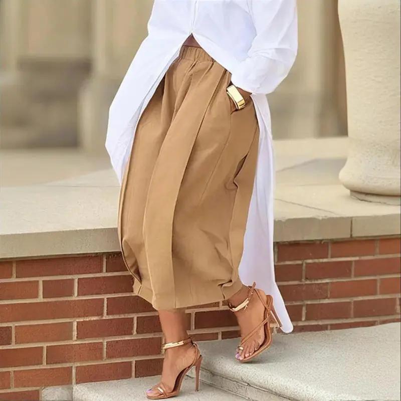 Women's Solid Color Cotton Wide Leg Cropped Pants With Pleats & Pockets - Spring Summer Fashion Comfortable Loose Trousers Aroundtheworldinarush