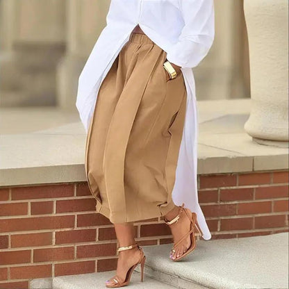 Women's Solid Color Cotton Wide Leg Cropped Pants With Pleats & Pockets - Spring Summer Fashion Comfortable Loose Trousers Aroundtheworldinarush