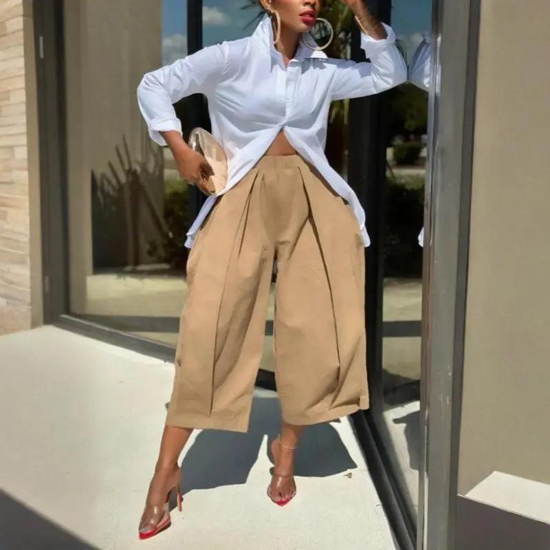 Women's Solid Color Cotton Wide Leg Cropped Pants With Pleats & Pockets - Spring Summer Fashion Comfortable Loose Trousers Aroundtheworldinarush