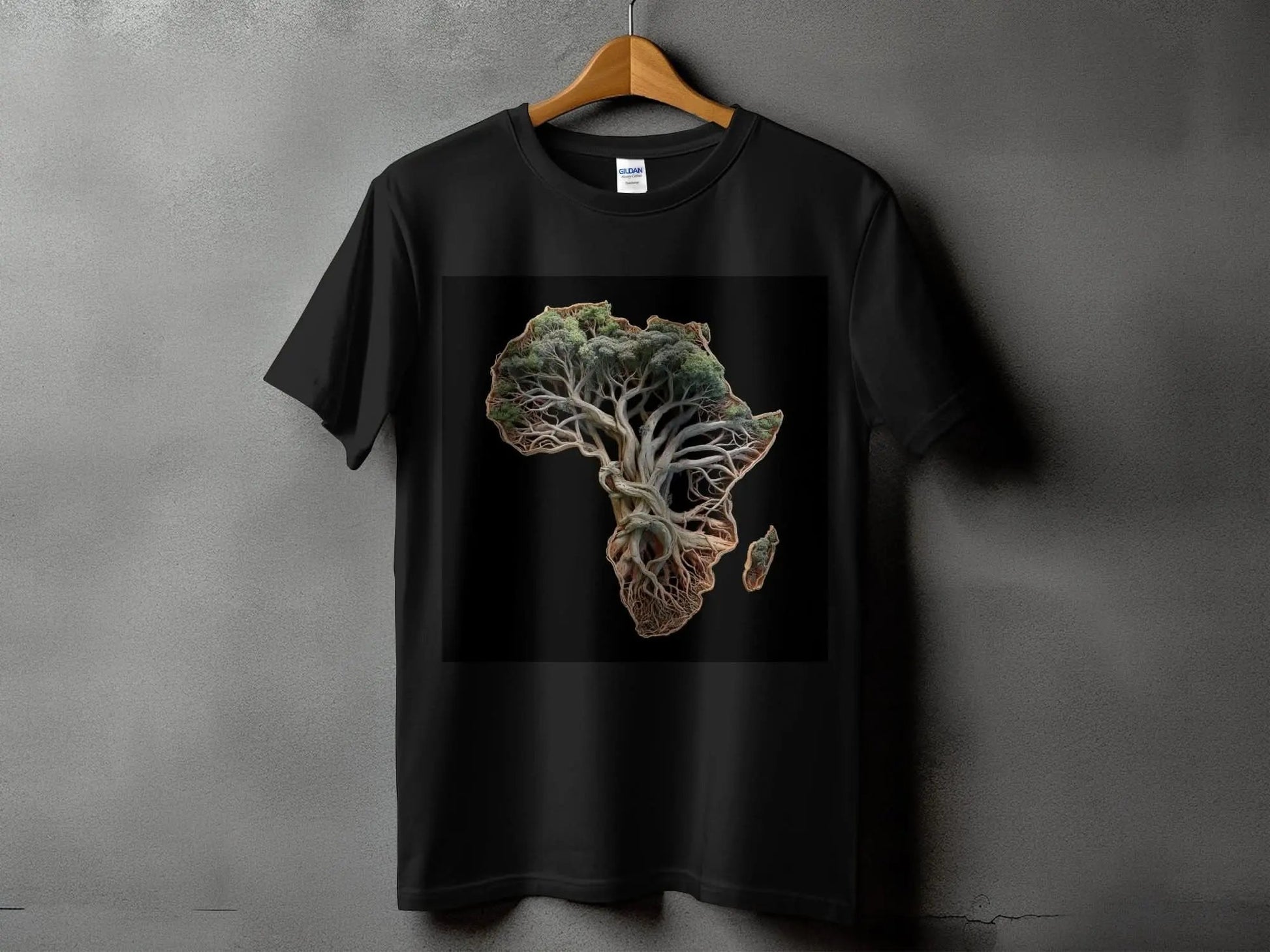 Black t-shirt with a graphic design of Africa on a gray background